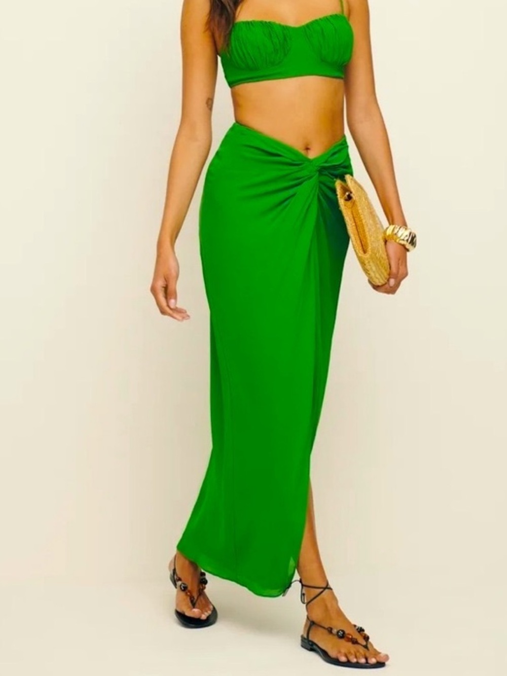 Reformation Alana Knot-Front Skirt in Kelly GreenMaxi Skirt